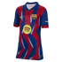 FC Barcelona home jersey with red and blue zig-zag stripes, yellow Nike swoosh, team crest, and a large yellow circular Spotify logo in the center.