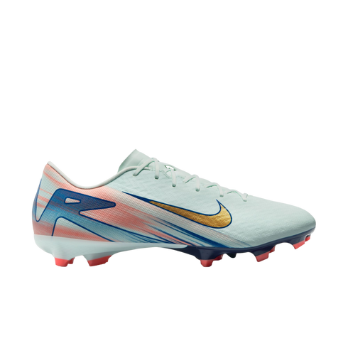 A mint green Nike soccer cleat with a gold swoosh, blue and pink side graphics, and orange studs, shown from a side profile.