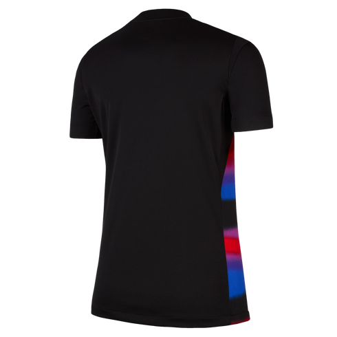 Back view of a black short-sleeved t-shirt featuring a red, blue, and purple gradient side panel, shown on a plain white background.