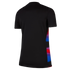Back view of a black short-sleeved t-shirt featuring a red, blue, and purple gradient side panel, shown on a plain white background.