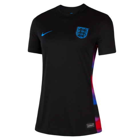 A black Nike England national team athletic jersey featuring a blue swoosh, the team's crest, and a colorful gradient pattern along the side.