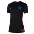 A black Nike England national team athletic jersey featuring a blue swoosh, the team's crest, and a colorful gradient pattern along the side.