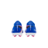 Rear view of two blue Nike Mercurial soccer cleats with pink and white accents on a solid black background.