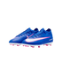 A pair of royal blue Nike Air Zoom soccer cleats with white swooshes and pink accents, isolated on a black background.