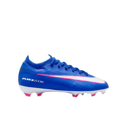 A side profile of a blue Nike Air Zoom Mercurial soccer cleat with a white and pink swoosh and pink-tipped studs against a black background.