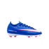 A side profile of a blue Nike Air Zoom Mercurial soccer cleat with a white and pink swoosh and pink-tipped studs against a black background.