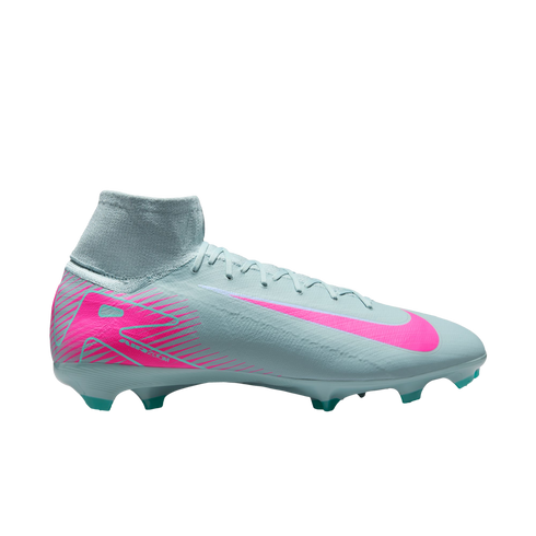 Light blue Nike soccer cleat with a vibrant pink swoosh and geometric heel pattern, featuring a high-top sock collar.