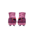 Rear view of purple and red high-top Nike Mercurial soccer cleats with translucent soles, set against a black background.