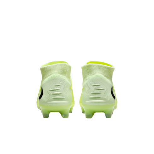 Rear view of two neon yellow high-top soccer cleats with textured heels on a black background.