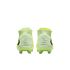 Rear view of two neon yellow high-top soccer cleats with textured heels on a black background.