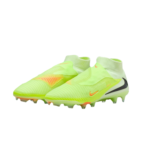A pair of neon lime green Nike soccer cleats featuring a laceless design, black swoosh, and textured upper, set against a black background.