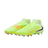 A pair of neon lime green Nike soccer cleats featuring a laceless design, black swoosh, and textured upper, set against a black background.
