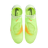 Top-down view of neon yellow Nike Phantom soccer cleats with orange accents and Nike swooshes, set against a solid black background.