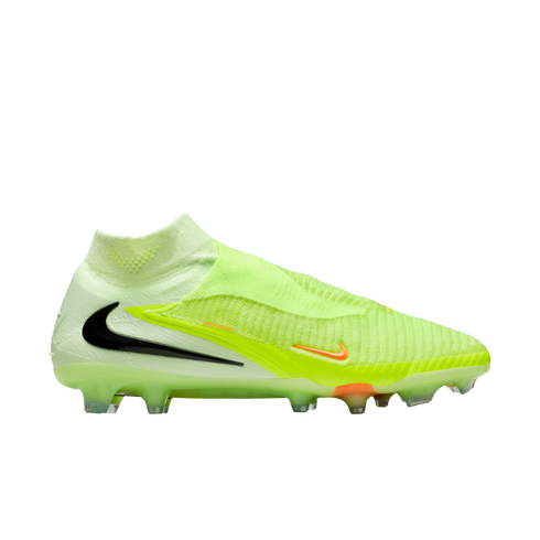 Side profile of a neon green laceless Nike soccer cleat with a black swoosh and orange accents, set against a black background.