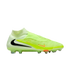 Side profile of a neon green laceless Nike soccer cleat with a black swoosh and orange accents, set against a black background.