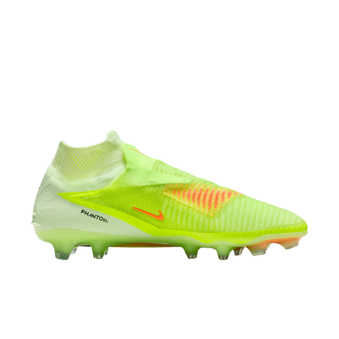Neon yellow Nike Phantom laceless soccer boot with an orange swoosh, shown in profile against a black background.