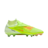 Neon yellow Nike Phantom laceless soccer boot with an orange swoosh, shown in profile against a black background.