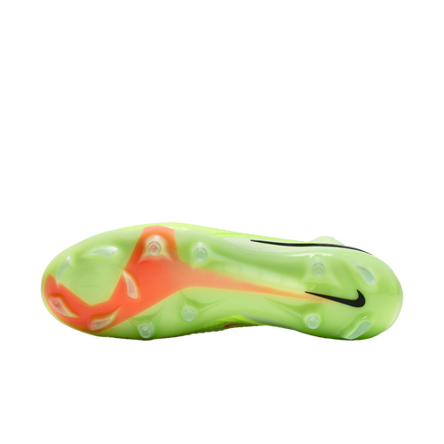 Soleplate of a lime green Nike soccer cleat featuring molded studs, a bright orange design on the forefoot, and a black swoosh near the heel.