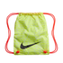 Lime green Nike drawstring bag with orange cords, a black swoosh, and a repeating multilingual soccer print on a black background.