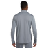 A man seen from behind wearing a grey athletic tracksuit set. The long-sleeved top features black side panels and a high collar.