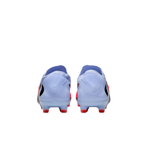 Rear view of a pair of light blue soccer cleats with red studs, set against a solid black background.