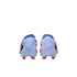 Rear view of a pair of light blue soccer cleats with red studs, set against a solid black background.
