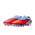 Vibrant red and light blue Nike soccer cleats with black accents, shown from a side-angle view against a solid black background.