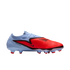 A light blue and bright red Nike Phantom Venom football boot featuring a textured strike zone, black swoosh, and light blue studs with red tips.