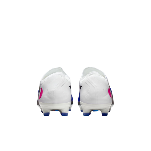 Rear view of white soccer cleats with pink and blue accents against a black background.
