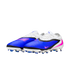 A pair of Nike soccer cleats with a white upper, vibrant blue body, and pink Nike swoosh logos set against a black background.