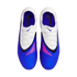 Top-down view of blue and white Nike Phantom soccer cleats with pink accents and white laces. The textured blue forefoot and purple interior are clearly visible.