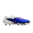 Side profile of a Nike Phantom Venom soccer cleat. The shoe features a white and blue Flyknit upper with pink accents on the swoosh and textured strike zone.