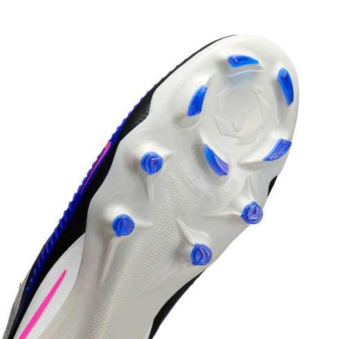 Close-up of the white soleplate of a Nike soccer cleat, featuring blue translucent studs and embossed "NIKE CYCLONE 360" text.