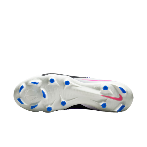 The white soleplate of a Nike soccer cleat with blue studs and a pink Nike swoosh logo, set against a black background.