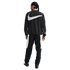 Back view of a man in a black Nike tracksuit featuring a large white swoosh on the jacket and white panels on the pants against a white background.