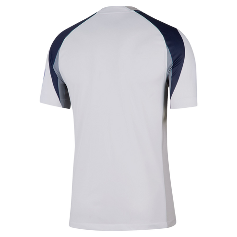 Back view of a white short-sleeved sports jersey featuring dark blue and grey paneling on the shoulders and upper sleeves.