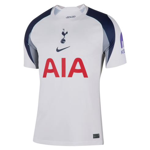 Tottenham Hotspur home football jersey in white with navy and grey shoulder panels, featuring the club crest, Nike swoosh, and red AIA sponsor logo.