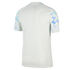 Back view of a white short-sleeved athletic shirt with blue and light blue geometric patterns on the sleeves.