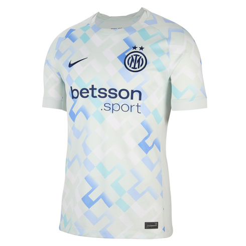 Inter Milan soccer jersey in light green with a blue pixelated geometric pattern, featuring the Nike swoosh, team crest, and betsson .sport sponsor logo.