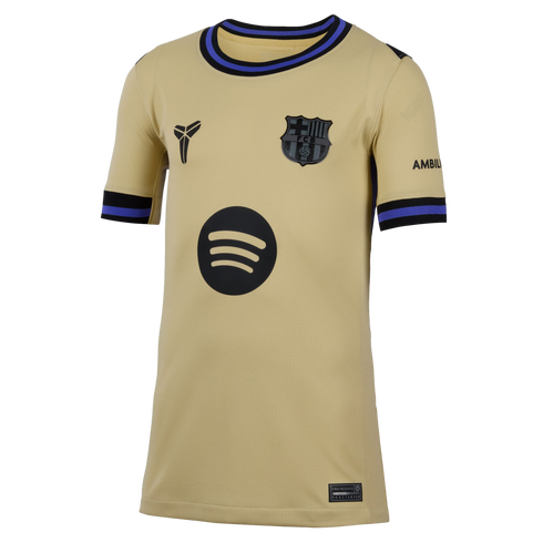 Gold FC Barcelona soccer jersey with black and blue trim, featuring the Kobe Mamba logo, the FCB crest, and a black Spotify logo.
