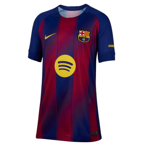 Nike FC Barcelona home soccer jersey with maroon and navy blue vertical stripes, a yellow Spotify logo in the center, and the club crest on the chest.