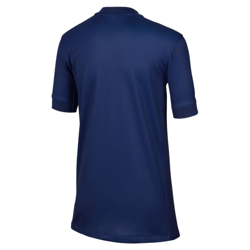 The back of a navy blue short-sleeved athletic jersey with a ribbed collar and textured fabric.
