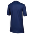 The back of a navy blue short-sleeved athletic jersey with a ribbed collar and textured fabric.