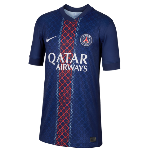 A dark blue Paris Saint-Germain soccer jersey featuring a central red patterned vertical stripe, white Nike logo, club crest, and "QATAR AIRWAYS" sponsor.