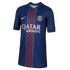 A dark blue Paris Saint-Germain soccer jersey featuring a central red patterned vertical stripe, white Nike logo, club crest, and "QATAR AIRWAYS" sponsor.