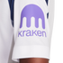 Close-up of a white jersey sleeve featuring a purple logo consisting of an abstract kraken shape above the word "kraken" in lowercase.