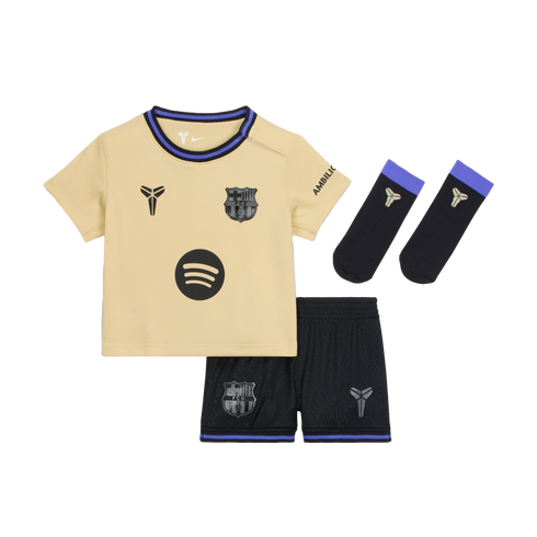 A gold and black FC Barcelona toddler football kit including a jersey, shorts, and socks, featuring the Kobe Bryant Mamba logo and club crest.
