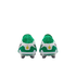 Back view of a pair of green and white Nike Phantom football boots featuring a yellow logo on the heel against a plain white background.