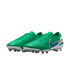 Pair of green Nike soccer cleats with a textured upper, white and blue swoosh logo, and clear studs on a white background.