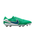 Side profile of a green Nike Tiempo soccer cleat with white details, a teal Nike swoosh, and a studded sole against a white background.